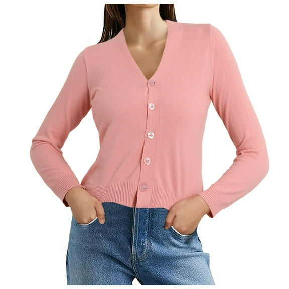 Fiaer Women Cropped Button down Sweaters V Neck Long Sleeve Trendy Solid Casual Lightweight Cozy Knit Tops Pink One Size