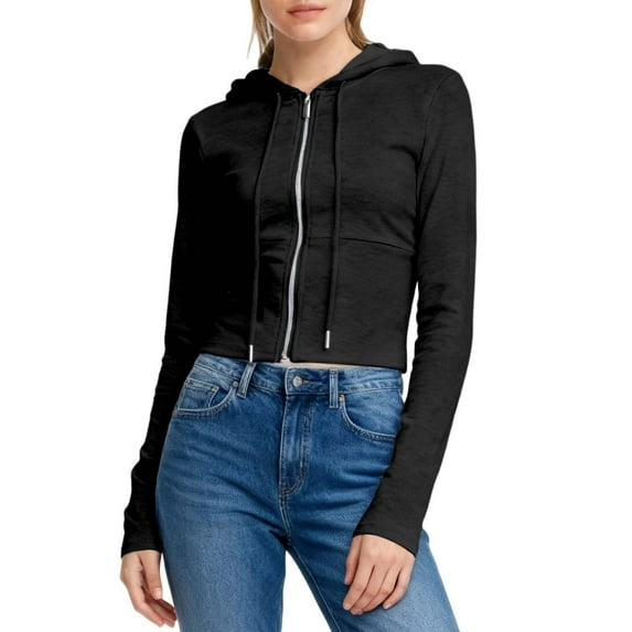 Fiaer Women Cropped Hoodie Casual Trendy Hooded Sweatshirts Long Sleeve Solid V Neck Drawstring Tops with Pocket Black M