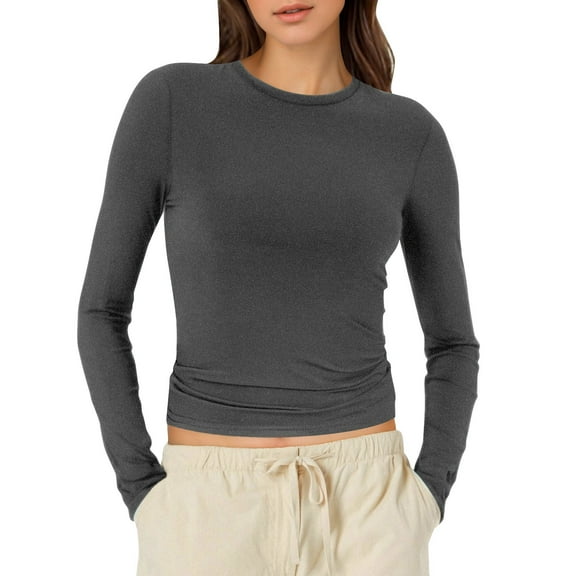 Fiaer Women Cropped T Shirts Long Sleeve Crew Neck Tshirts Slim Fit Casual Trendy Basic Solid Breathable Tops Black XS