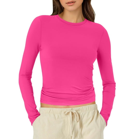 Fiaer Women Cropped T Shirts Long Sleeve Crew Neck Tshirts Slim Fit Casual Trendy Basic Solid Breathable Tops Hot Pink XS