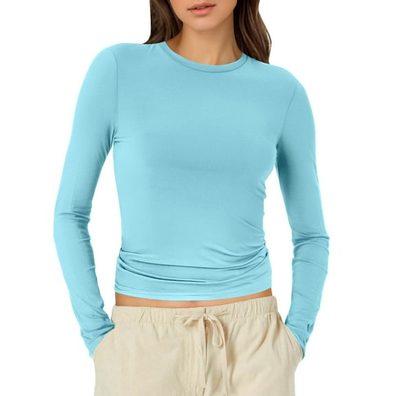 Fiaer Women Cropped T Shirts Long Sleeve Crew Neck Tshirts Slim Fit Casual Trendy Basic Solid Breathable Tops Light Blue L