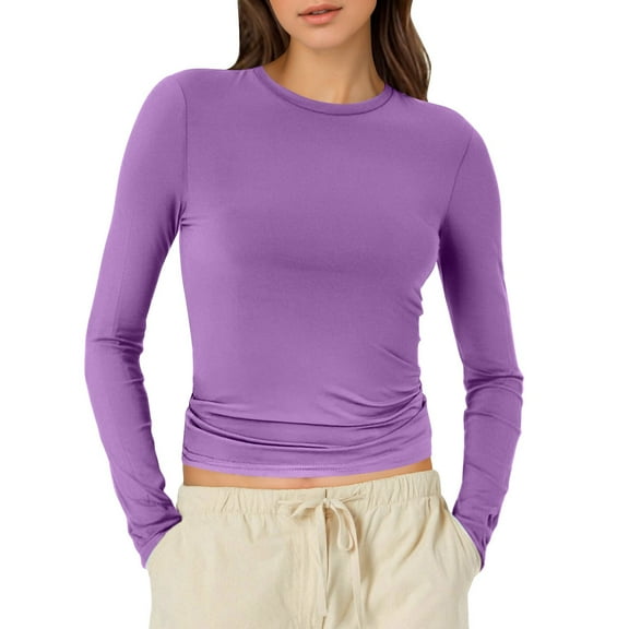 Fiaer Women Cropped T Shirts Long Sleeve Crew Neck Tshirts Slim Fit Casual Trendy Basic Solid Breathable Tops Purple XS