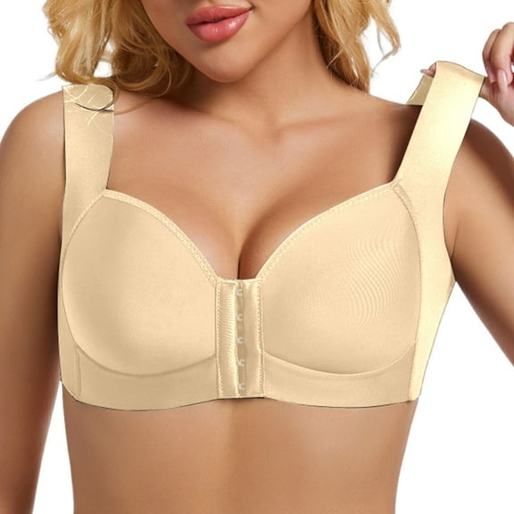 Fiaer Women Front Closure Bras Wirefree Push up Full Coverage Back Smooth Wide Shoulder Straps Bra Beige 80D