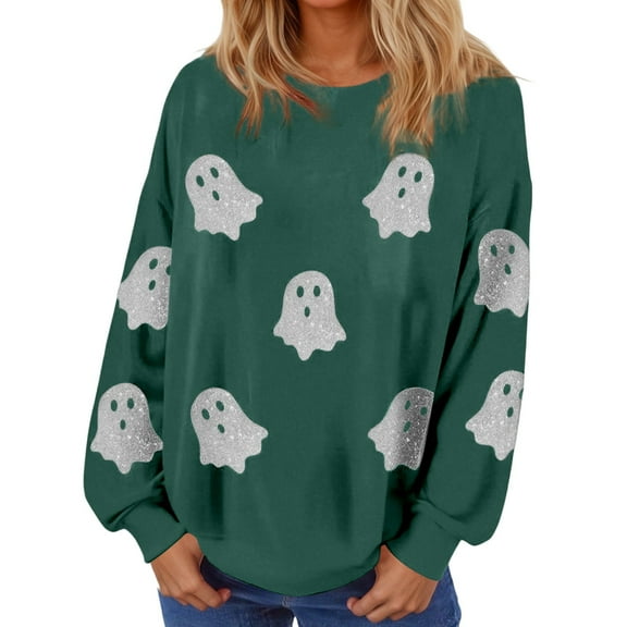 Fiaer Women Halloween Sweatshirts Ghost Graphic Crew Neck Long Sleeve Pullover Loose Warm Plus Size Tops Dark Green XL