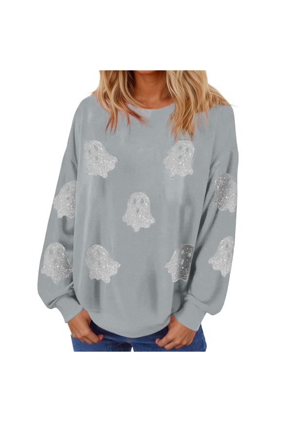 Women Halloween Sweatshirts Ghost Graphic Crew Neck Long Sleeve Pullover Loose Warm Plus Size Tops Grey XXL