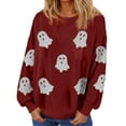 thumbnail image 1 of Fiaer Women Halloween Sweatshirts Ghost Graphic Crew Neck Long Sleeve Pullover Loose Warm Plus Size Tops Wine XXL, 1 of 4