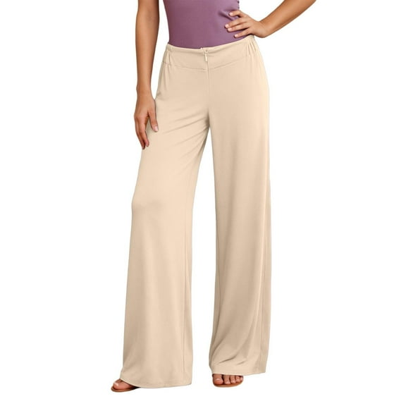Fiaer Women High Waist Wide Leg Pants Casual Soft Trousers Front Zipper Comfort Trendy Solid Baggy Slacks for Everyday Wear Beige M