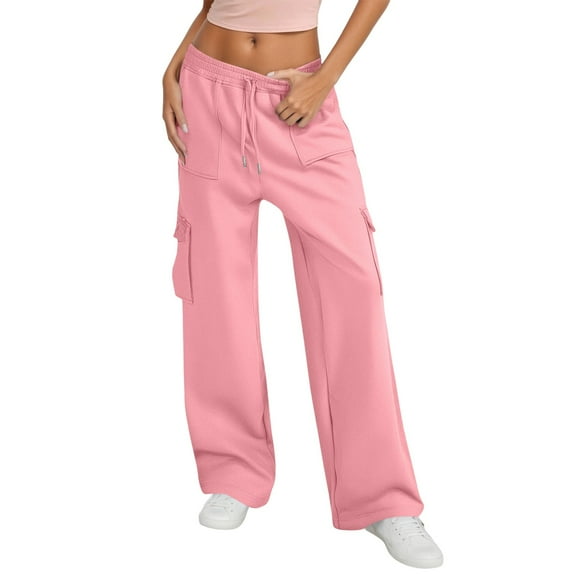 Fiaer,Women High Waisted Drawstring Wide Leg Cargo Pants,Womens 2025 Trendy Casual Baggy Joggers with Pockets,Women's Plus Size Cozy Lounge Slacks Pink XL
