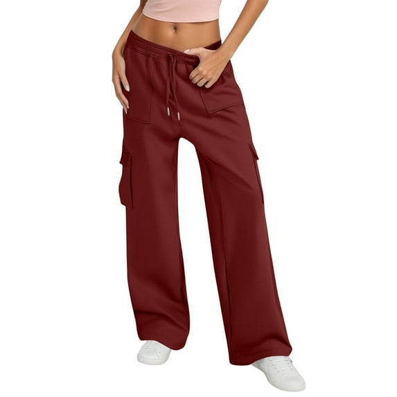 Fiaer,Women High Waisted Drawstring Wide Leg Cargo Pants,Womens 2025 Trendy Casual Baggy Joggers with Pockets,Women's Plus Size Cozy Lounge Slacks Wine XXL