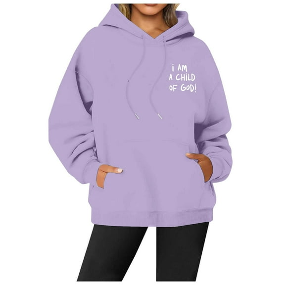 Fiaer Women Hoodies Long Sleeve I Am a Child of God Sweatshirt Crew Neck Drawstring Novelty Graphic Fall Tops with Pocket Purple M