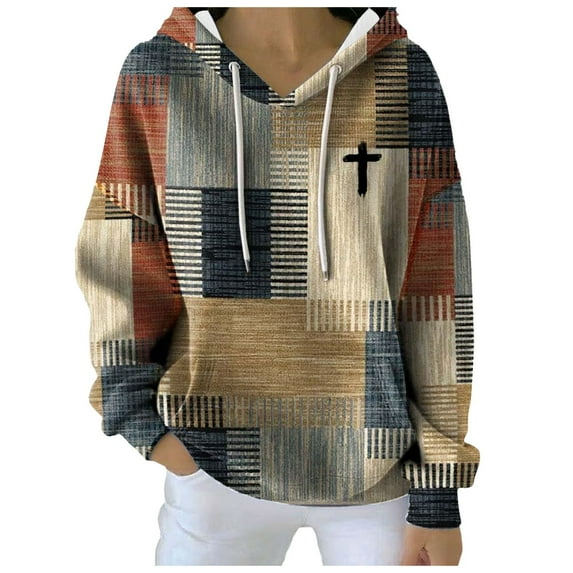Fiaer Women Hoodies Oversized Color Blocking Drawstring Hooded Sweatshirts Long Sleeve V-Neck Loose Fit Pocket Tops Khaki L