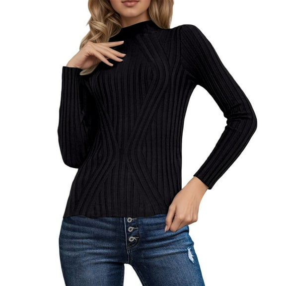 Fiaer Women Knitted Sweaters Turtleneck Slim Fit Long Sleeve Solid Casual Trendy Comfort Knitted Tops Black1 XL