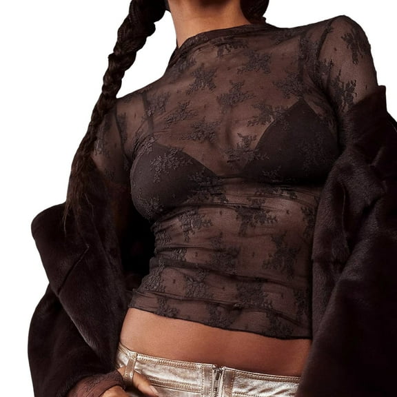 Fiaer Women Lace Shirts Crew Neck Hollow out Plus Size T Shirts Long Sleeve Slim Fit Casual Fashion Tops Brick Red M