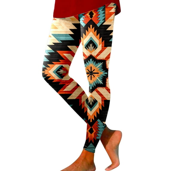 Fiaer Women Leggings Ethnic Geometric High Waist Stretchy Workout Pants Comfy Plus Size Color Blocking Trendy Yoga Trousers Khaki S