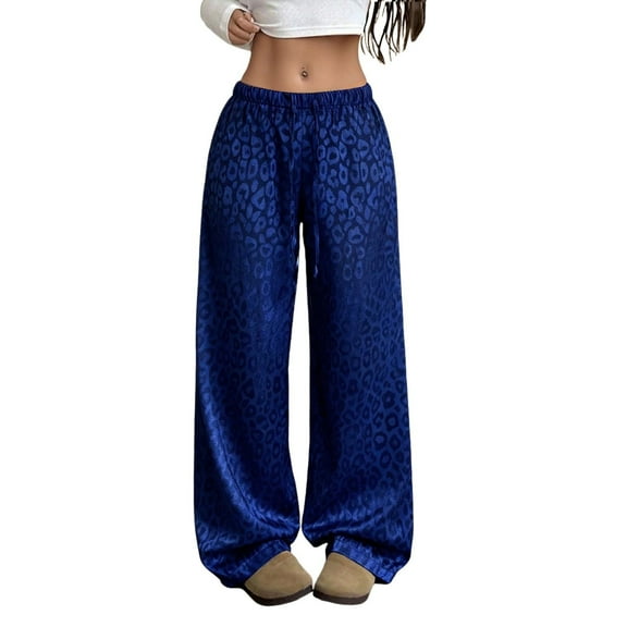 Fiaer Women Leopard Satin Pajamas Pants High Waisted Trendy Sleepwear Trousers Wide Leg Baggy Casual Comfort Lace up Pjs Slacks Blue XS