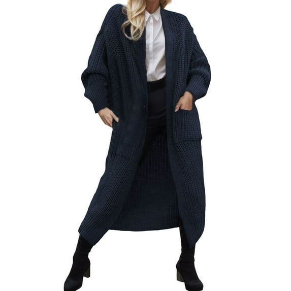 Fiaer Women Long Cardigan Sweaters Oversized Long Sleeve Open Front Knit Cozy Fall Winter Tops with Pockets Navy XL