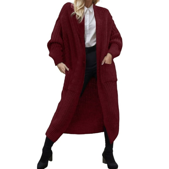 Fiaer Women Long Cardigan Sweaters Oversized Long Sleeve Open Front Knit Cozy Fall Winter Tops with Pockets Red XL