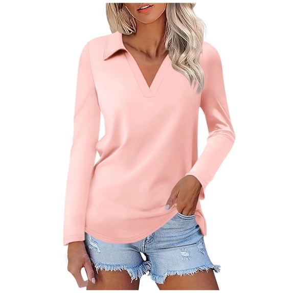 Fiaer Women Long Sleeve V Neck Shirts Plus Size Lapel Collared T Shirts Solid Color Loose Fit Fashion Tshirts Light Pink XXL