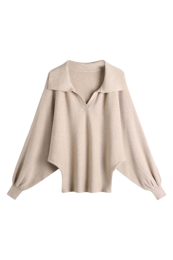 Women Long Sleeve V Neck Sweater Bawting Loose Fit Knitted Pullover Lapel Collared Comfort Solid Casual Tops Khaki One Size