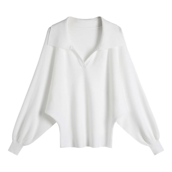 Fiaer Women Long Sleeve V Neck Sweater Bawting Loose Fit Knitted Pullover Lapel Collared Comfort Solid Casual Tops White One Size