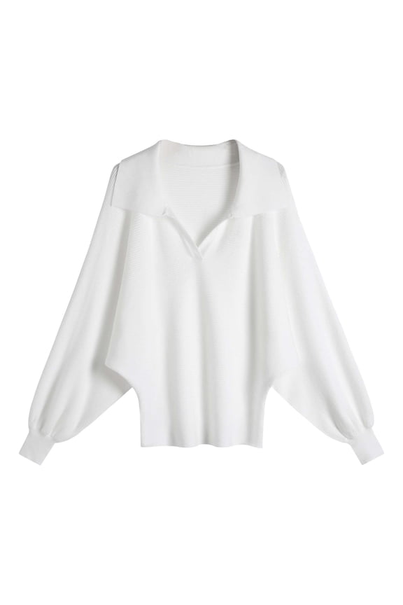 Women Long Sleeve V Neck Sweater Bawting Loose Fit Knitted Pullover Lapel Collared Comfort Solid Casual Tops White One Size