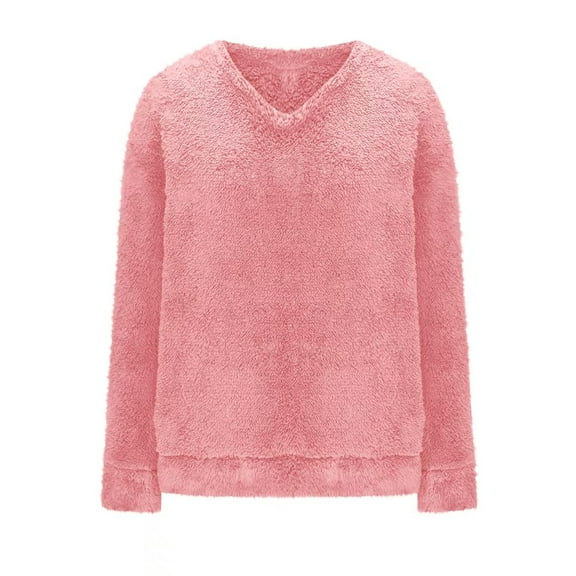 Fiaer Women Pullover Sweaters Fuzzy Oversized V Neck Long Sleeve Loose Fit Trendy Solid Warm Winter Tops Pink XL