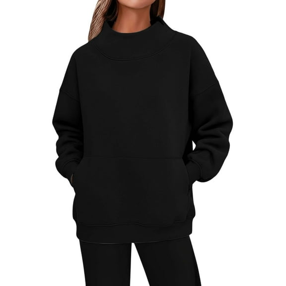 Fiaer Women Pullover Sweatshirts Oversized Long Sleeve Crew Neck Baggy Solid Color Casual Trendy Pocket Tops for Daily Black M