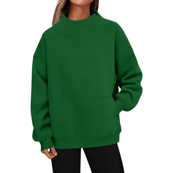 Fiaer Women Pullover Sweatshirts Oversized Long Sleeve Crew Neck Baggy Solid Color Casual Trendy Pocket Tops for Daily Green M