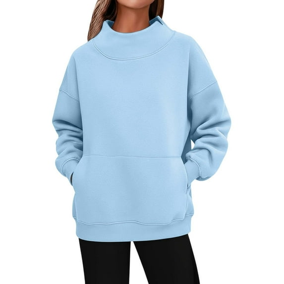 Fiaer Women Pullover Sweatshirts Oversized Long Sleeve Crew Neck Baggy Solid Color Casual Trendy Pocket Tops for Daily Sky Blue XL
