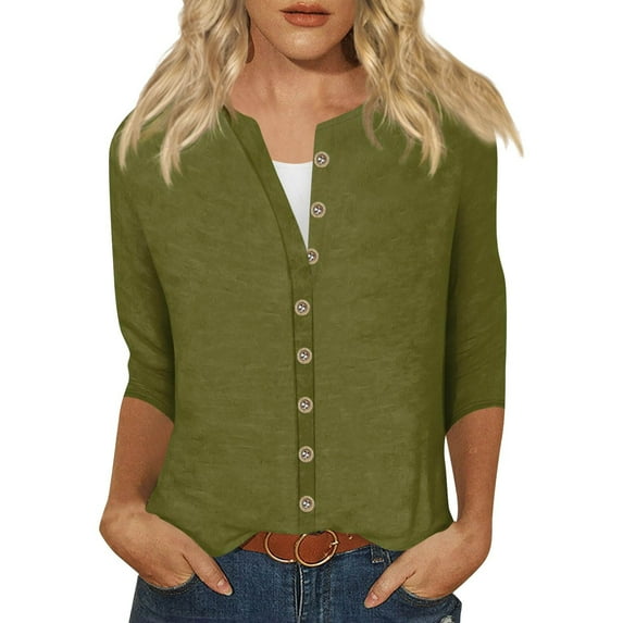 Fiaer Women'S Crew Neck 3/4 Sleeve Cardigans Sweaters Button Down Open Front Solid Color Loose Long Sleeve Tops Green M