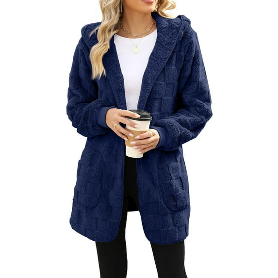 Fiaer Women’S Hooded Cardigans Sweaters Open Front Casual Fuzzy Loose Fit Trendy Tops For Daily With 2 Pockets Blue XL