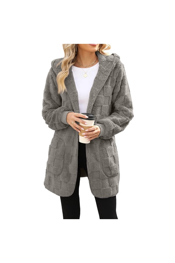 Women’S Hooded Cardigans Sweaters Open Front Casual Fuzzy Loose Fit Trendy Tops For Daily With 2 Pockets Grey M