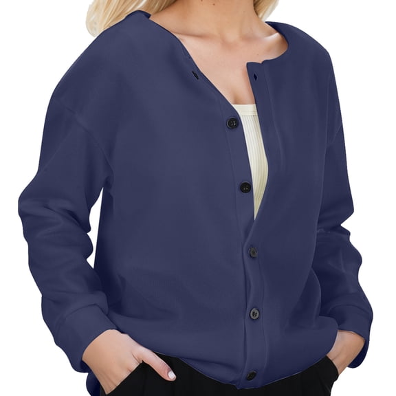 Fiaer Women'S Oversized Fashion Cardigan Sweaters Solid Color Casual V-Neck Long Sleeve Button Down Loose Fit Tops Navy L