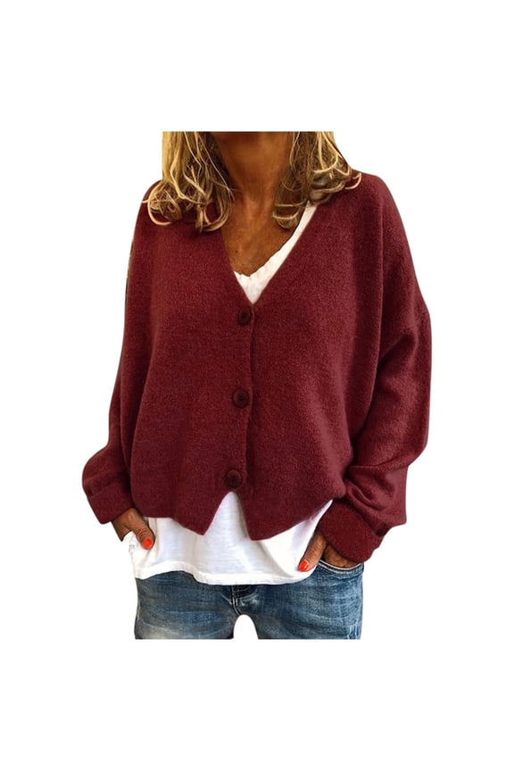 Women Sweaters Oversized Button Down Long Sleeve V-Neck Lightweight Comfort Trendy Solid Loose Fit Tops S