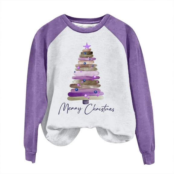 Fiaer Women Sweatshirts Christmas Plus Size Long Sleeve Pullovers Crew Neck Funny Graphic Loose Fit Casual Trendy Tops Purple S