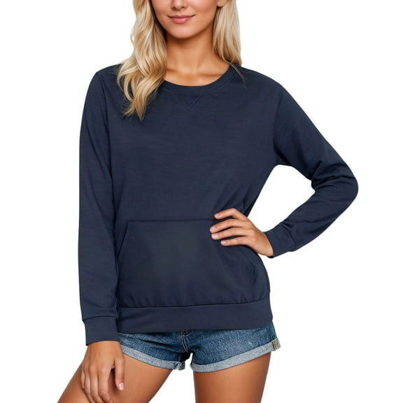 Fiaer Women Sweatshirts Plus Size Loose Fit Pullovers Crew Neck Long Sleeve Solid Color Trendy Pocket Tops Navy XL