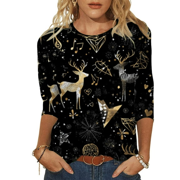 Fiaer Women T Shirts 3/4 Sleeve Christmas Plus Size Tshirts Crew Neck Snowflakes Santa Snowman Tree Funny Graphic Trendy Xmas Tops Black2 XXL
