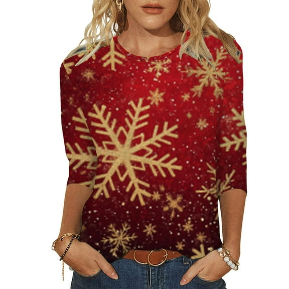 Fiaer Women T Shirts 3/4 Sleeve Christmas Plus Size Tshirts Crew Neck Snowflakes Santa Snowman Tree Funny Graphic Trendy Xmas Tops Red S