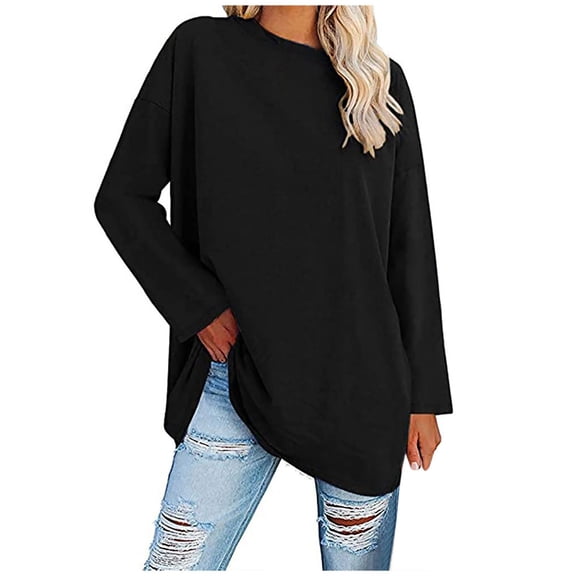 Fiaer Women T Shirts Loose Fit Long Sleeve Tshirts Crew Neck Plus Size Casual Comfort Drop Shoulder Fall Tops Black M
