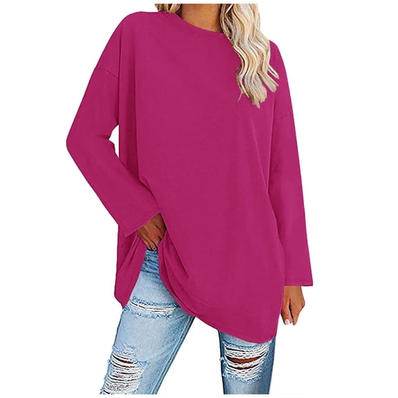 Fiaer Women T Shirts Loose Fit Long Sleeve Tshirts Crew Neck Plus Size Casual Comfort Drop Shoulder Fall Tops Hot Pink M