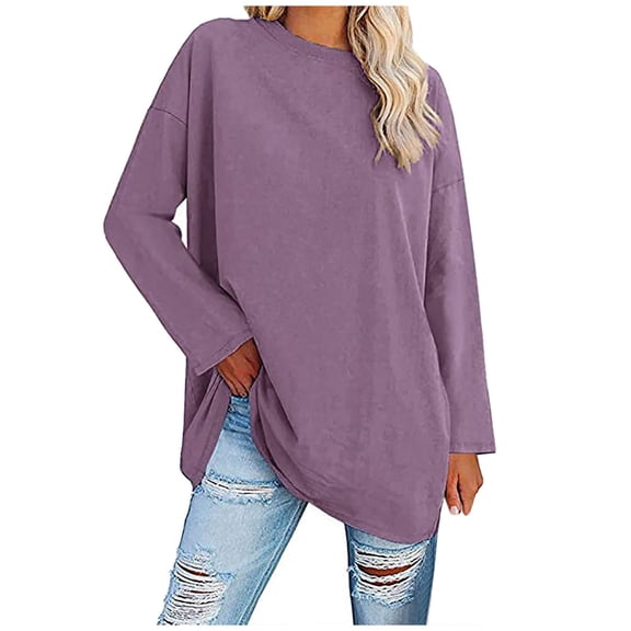 Fiaer Women T Shirts Loose Fit Long Sleeve Tshirts Crew Neck Plus Size Casual Comfort Drop Shoulder Fall Tops Purple M