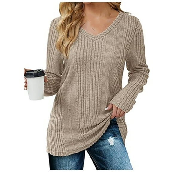 Fiaer Women V Neck Sweaters Plus Size Fashion Long Sleeve Shirts Loose Fit Casual Plain Lightweight Knit Tops Khaki S