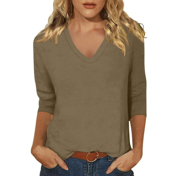 Fiaer,Women's 3/4 Sleeve Oversized Solid T Shirts, Womens V Neck Loose Fit Tshirts,Ladies Long Sleeve Casual Trendy Tops Khaki1 XXXL