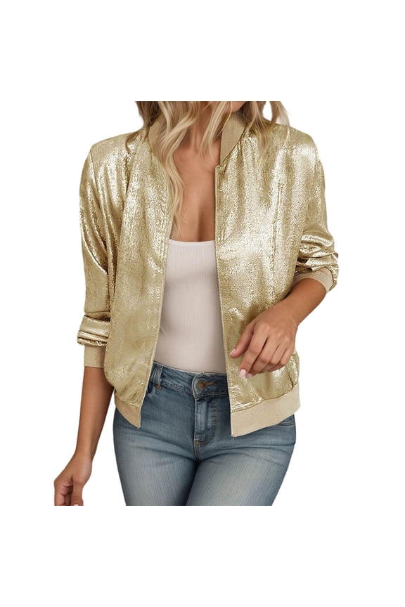Women's Bomber Jackets Long Sleeve Lightweight Oversized Trendy Casual V Neck Comfort Cropped Tops with Pocket Gold XXXL