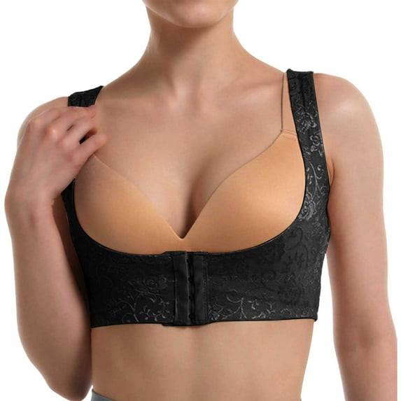 Fiaer Women's Bras Front Closure Posture Correction No Underwire Full Coverage Comfortable Lace Shaping Bra Black XL