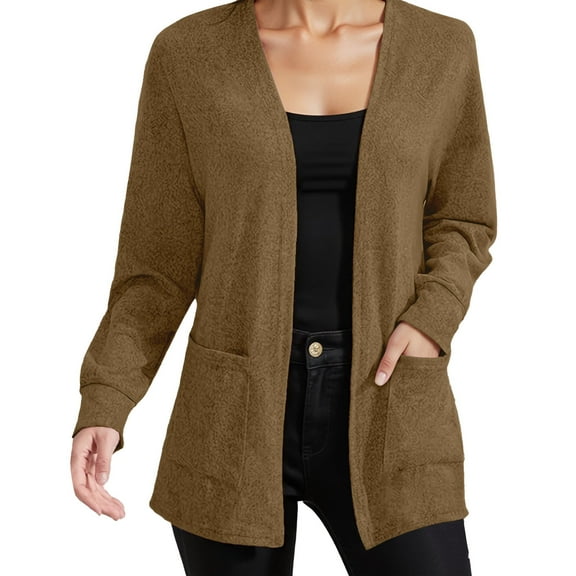 Fiaer Women's Cardigan Sweater Oversize Long Sleeve Lightweight Fashion Solid Open Front Tops with Pocket Khaki S