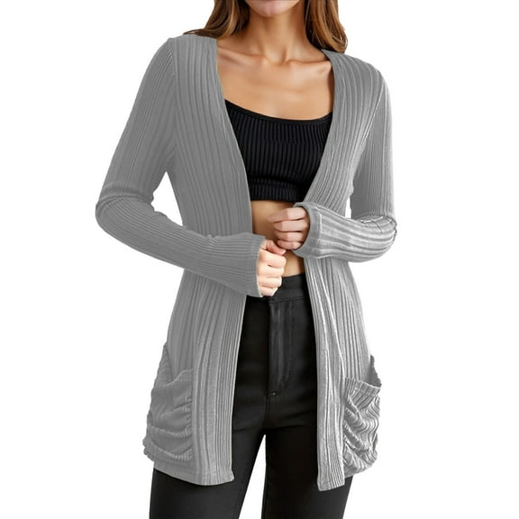 Fiaer Women's Cardigan Sweater Plus Size Long Sleeve Lightweight Solid Color Open Front Tops with Pocket Light Gray XXL