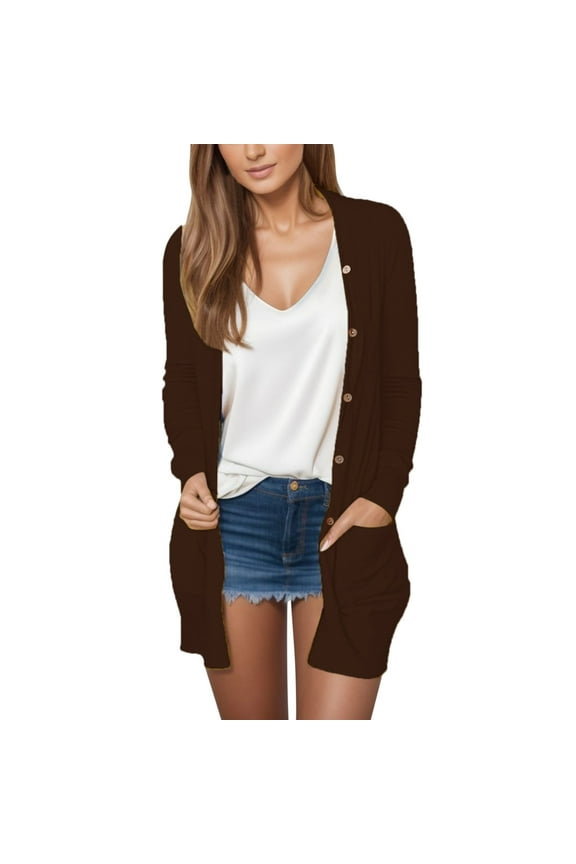 Women's Cardigans Sweaters Plus Size Long Sleeve Trendy Solid Cozy Fall Knit Tops with Pockets Brown XXL