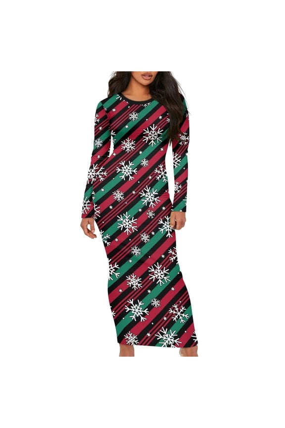 Fiaer Women's Christmas Dress Festive Holiday Printed Long Sleeve Skirts Slim Bodycorn Cocktail Dress 02-Red XL