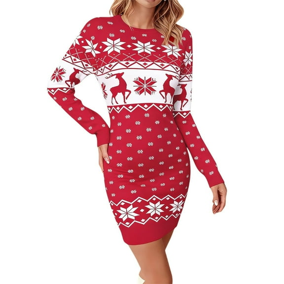 Fiaer Women's Christmas Sweater Dress Oversized Crew Neck Funny Reindeer Floral Printed Plus Size Long Sleeve Long Pullover Slim Fit Tops Hot Pink L